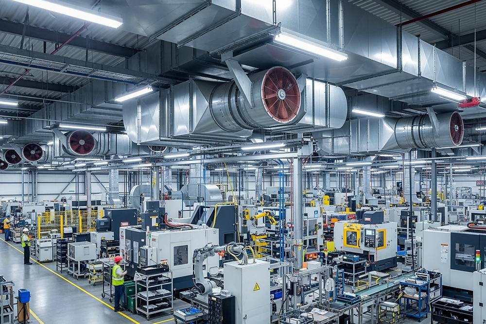 Industrial HVAC and ventilation plant in a manufacturing facility